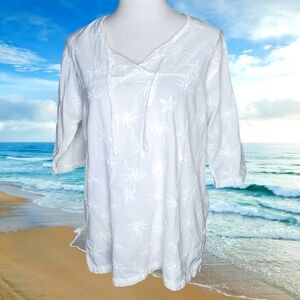 Cottonseed Casual Wear 100% Cotton Embroidered Palm Trees & Starfish Detail Top